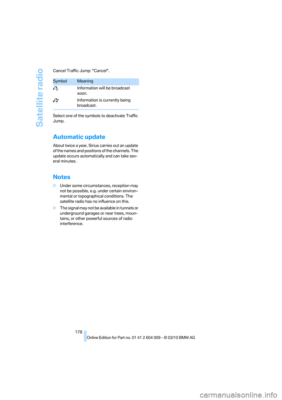 BMW X5 2011 E70 Owners Manual Satellite radio
178 Cancel Traffic Jump: "Cancel".
Select one of the symbols to deactivate Traffic 
Jump.
Automatic update
About twice a year, Sirius carries out an update 
of the names and positions 