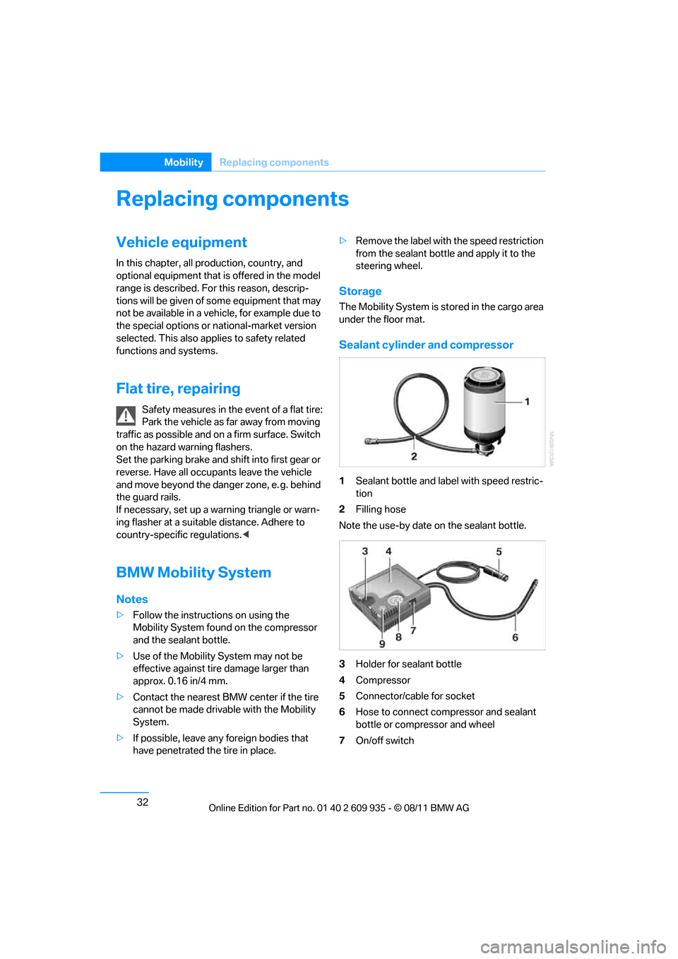 BMW 1M 2011 E82 Owners Guide 32
MobilityReplacing components
Replacing components
Vehicle equipment
In this chapter, all pr oduction, country, and 
optional equipment that is offered in the model 
range is described. For this rea