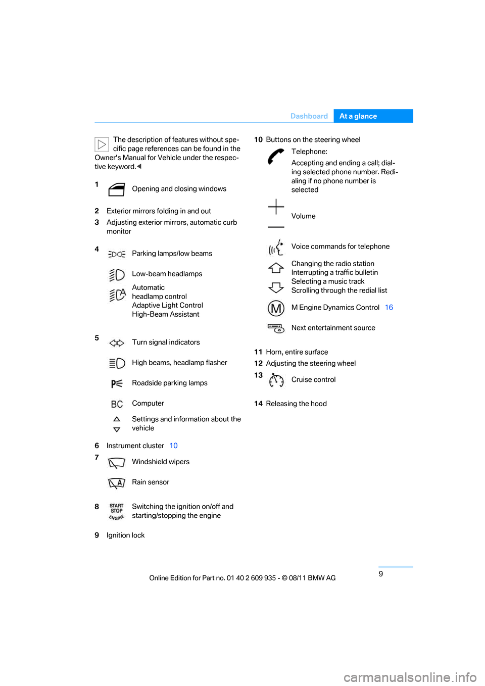 BMW 1M 2011 E82 Owners Manual 9
Dashboard
At a glance
The description of features without spe-
cific page references can be found in the 
Owners Manual for Vehicle under the respec-
tive keyword. <
2 Exterior mirrors fo lding in 