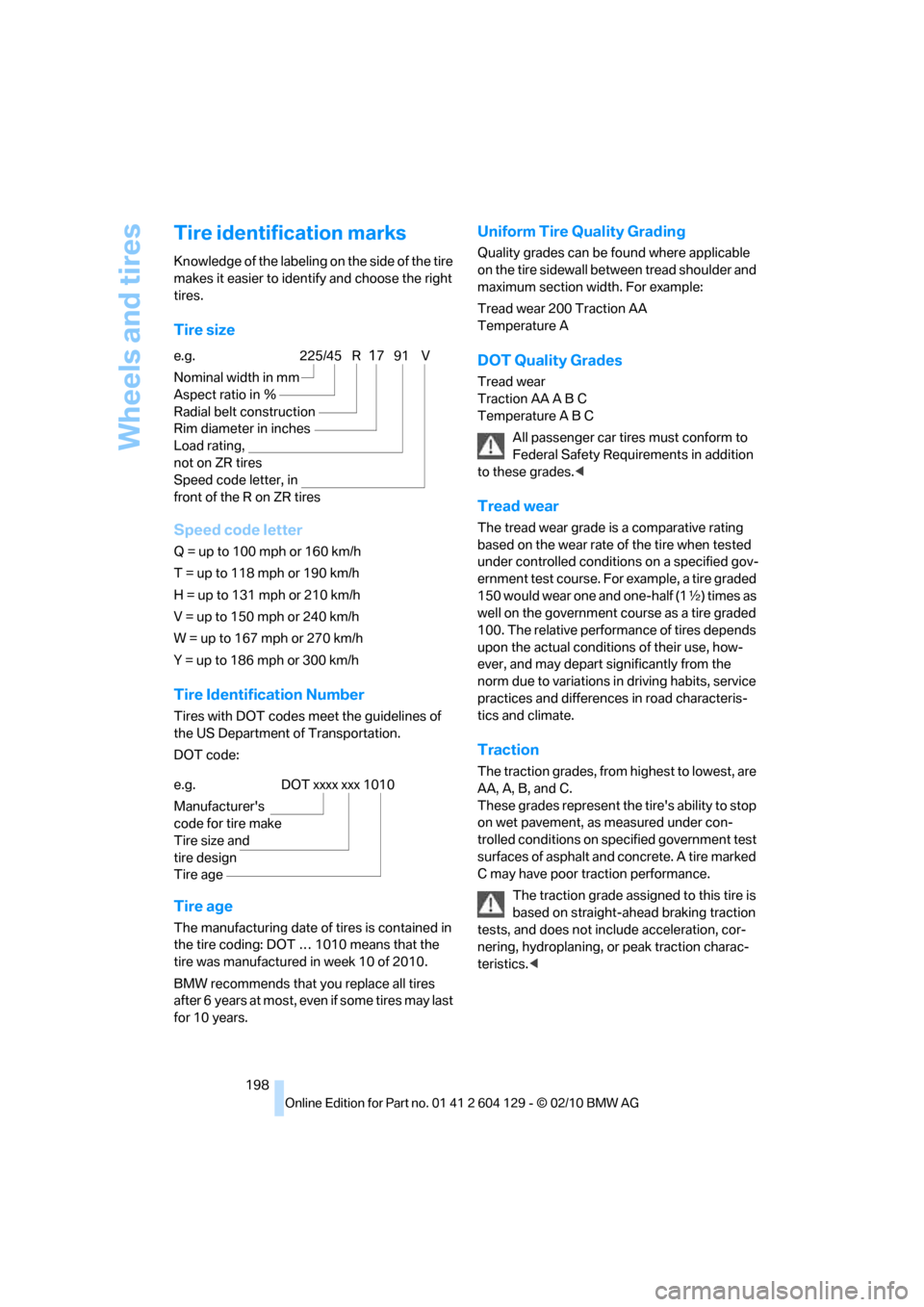 BMW 128I COUPE 2011 E82 Owners Manual Wheels and tires
198
Tire identification marks
Knowledge of the labeling on the side of the tire 
makes it easier to identify and choose the right 
tires.
Tire size
Speed code letter
Q = up to 100 mph