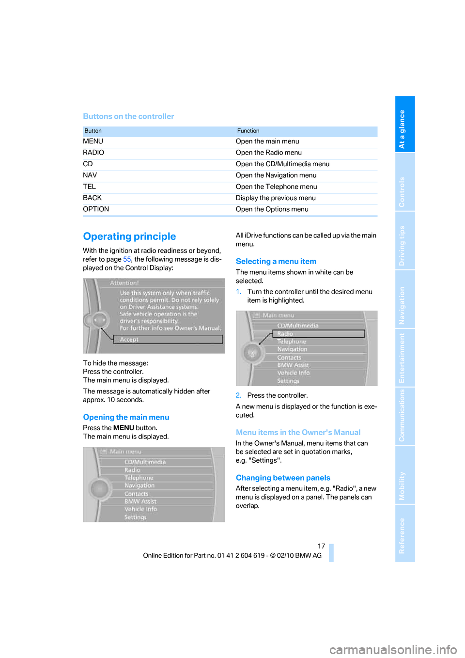 BMW 328I COUPE 2011 E93 User Guide At a glance
 17Reference
Controls
Driving tips
Communications
Navigation
Entertainment
Mobility
Buttons on the controller
Operating principle
With the ignition at radio readiness or beyond, 
refer to 