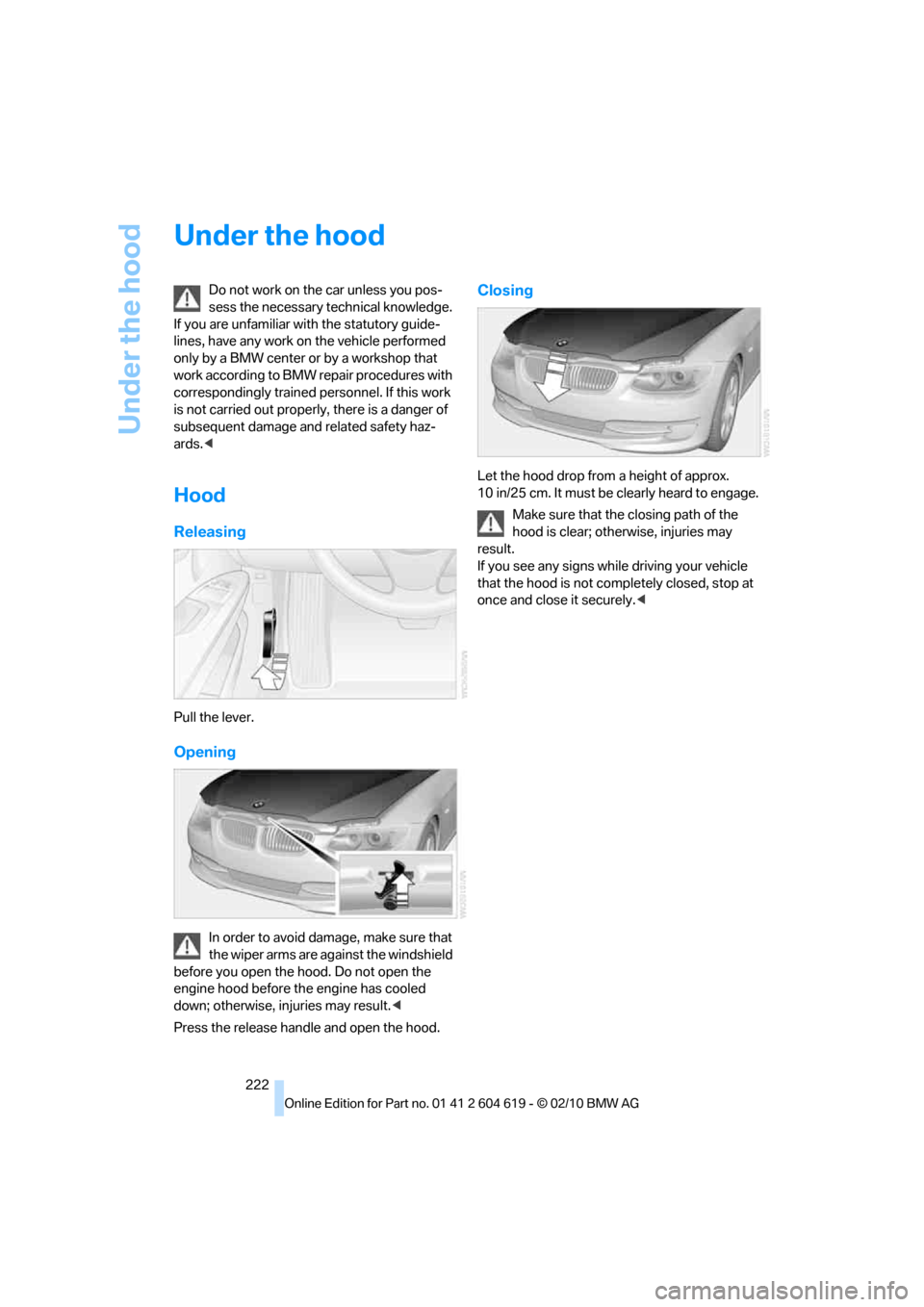 BMW 335IS COUPE 2011 E93 Owners Manual Under the hood
222
Under the hood
Do not work on the car unless you pos-
sess the necessary technical knowledge.
If you are unfamiliar with the statutory guide-
lines, have any work on the vehicle pe BMW 335IS COUPE 2011 E93 Owners Manual Under the hood
222
Under the hood
Do not work on the car unless you pos-
sess the necessary technical knowledge.
If you are unfamiliar with the statutory guide-
lines, have any work on the vehicle pe