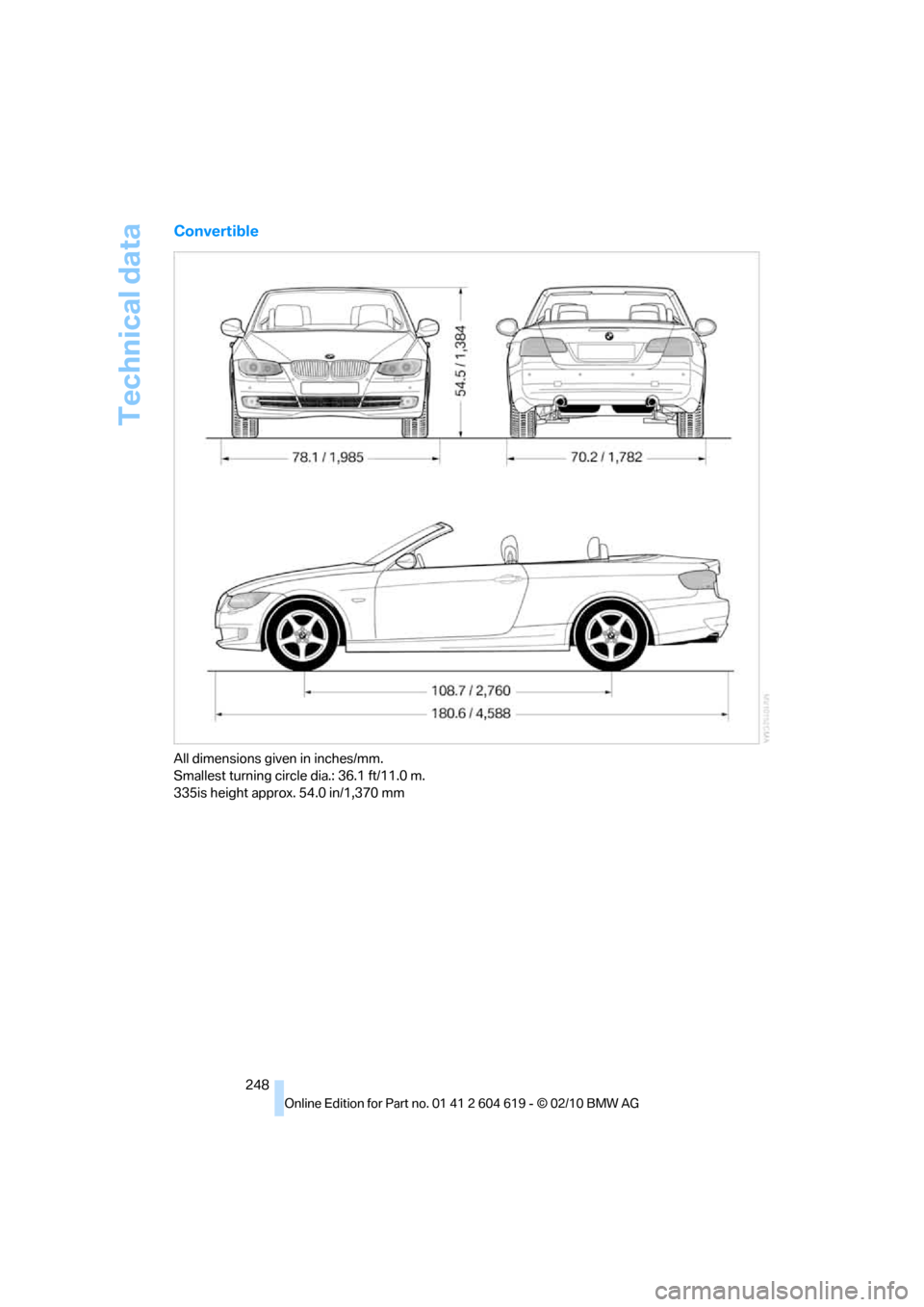 BMW 335IS COUPE 2011 E93 Owners Manual Technical data
248
Convertible
All dimensions given in inches/mm. 
Smallest turning circle dia.: 36.1 ft/11.0 m.
335is height approx. 54.0 in/1,370 mm 