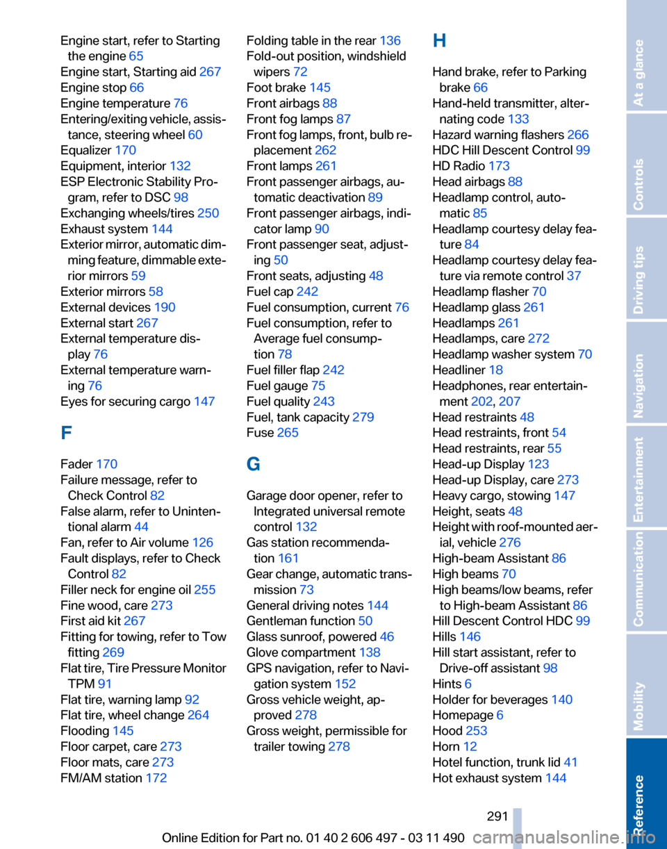 BMW 740I 2011 F01 Owners Manual Engine start, refer to Starting
the engine 65 
Engine start, Starting aid  267 
Engine stop  66 
Engine temperature  76 
Entering/exiting 
vehicle, assis‐
tance, steering wheel 60 
Equalizer 170 
Eq