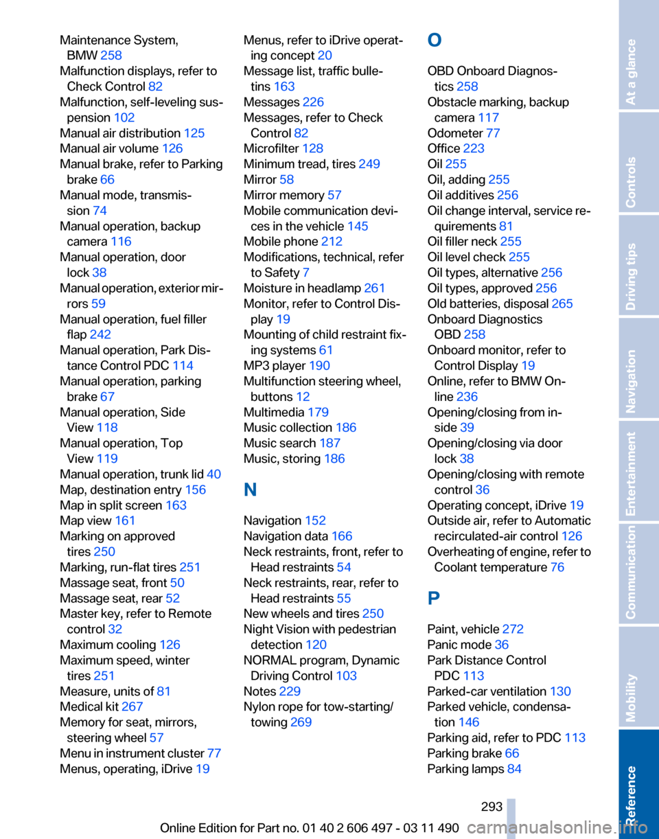 BMW 760LI 2011 F02 Owners Guide Maintenance System,
BMW 258 
Malfunction displays, refer to Check Control 82 
Malfunction, self-leveling sus‐ pension 102 
Manual air distribution  125 
Manual air volume  126 
Manual brake, refer t
