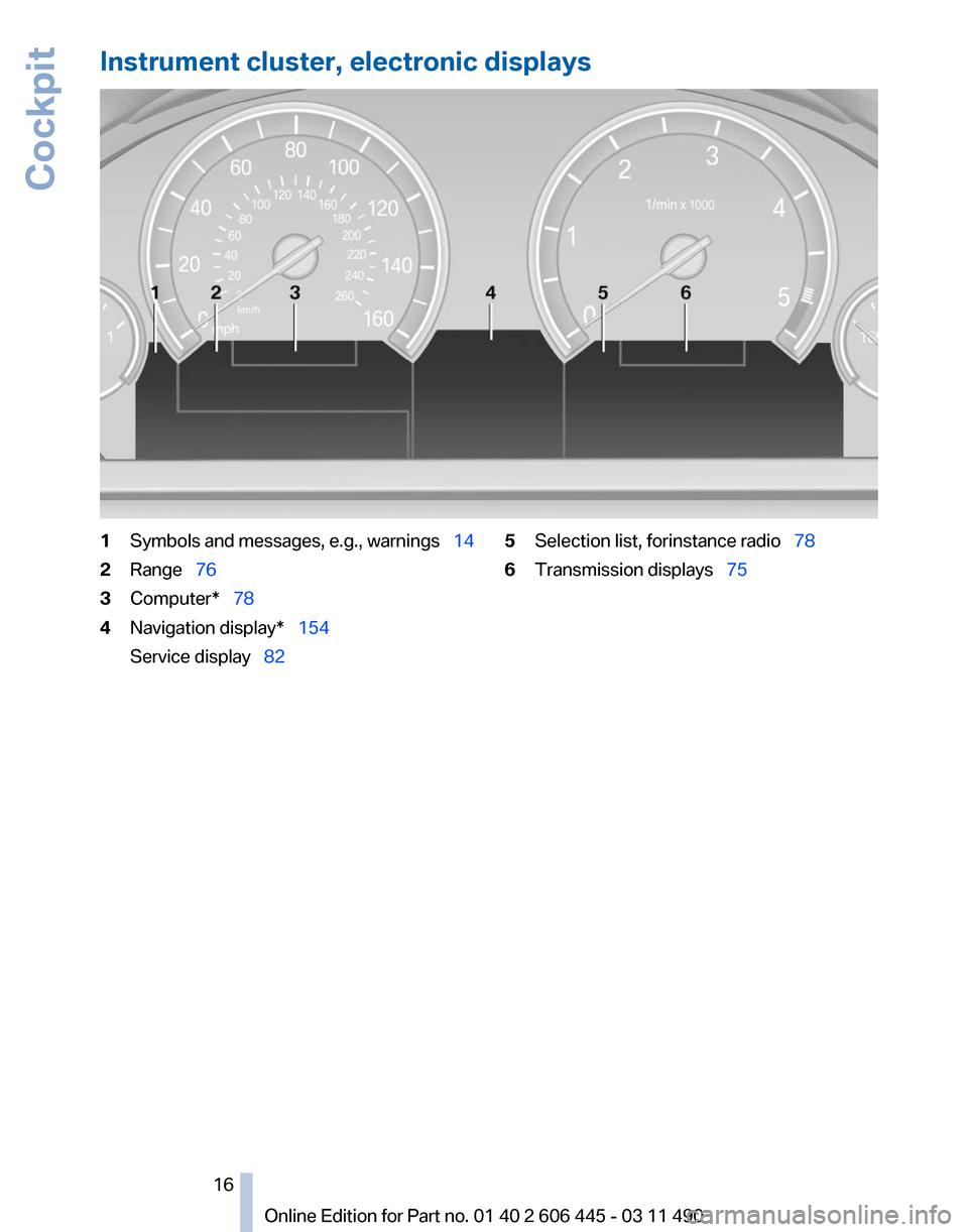 BMW 550I GT 2011 F07 Owners Manual Instrument cluster, electronic displays
1
Symbols and messages, e.g., warnings   14
2 Range  76
3 Computer*  78
4 Navigation display*  154
Service display  82 5
Selection list, for