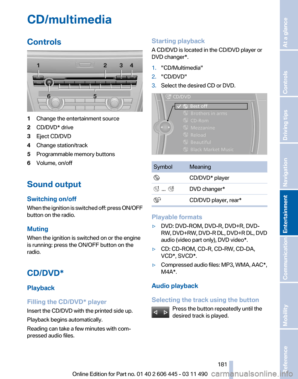 BMW 550I XDRIVE GT 2011 F07 Owners Manual CD/multimedia
Controls
1
Change the entertainment source
2 CD/DVD* drive
3 Eject CD/DVD
4 Change station/track
5 Programmable memory buttons
6 Volume, on/off
Sound output
Switching on/off
When 
the ig