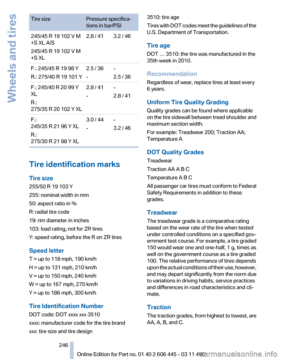 BMW 550I XDRIVE GT 2011 F07 User Guide Tire size
Pressure specifica‐
tions in bar/PSI
245/45 R 19 102 V M
+S XL A/S
245/45 R 19 102 V M
+S XL 2.8 / 41 3.2 / 46
F.: 245/45 R 19 98 Y
R.: 275/40 R 19 101 Y 2.5 / 36
--
2.5 / 36
F.: 245/40 R 