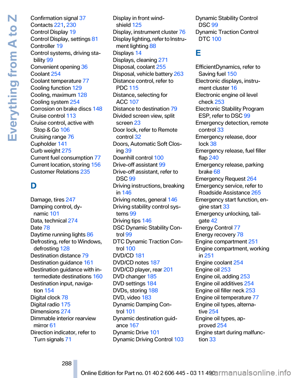 BMW 535I XDRIVE GT 2011 F07 Owners Manual Confirmation signal 
37 
Contacts 221, 230 
Control Display  19 
Control Display, settings  81 
Controller 19 
Control systems, driving sta‐ bility  99 
Convenient opening 36 
Coolant 254 
Coolant t