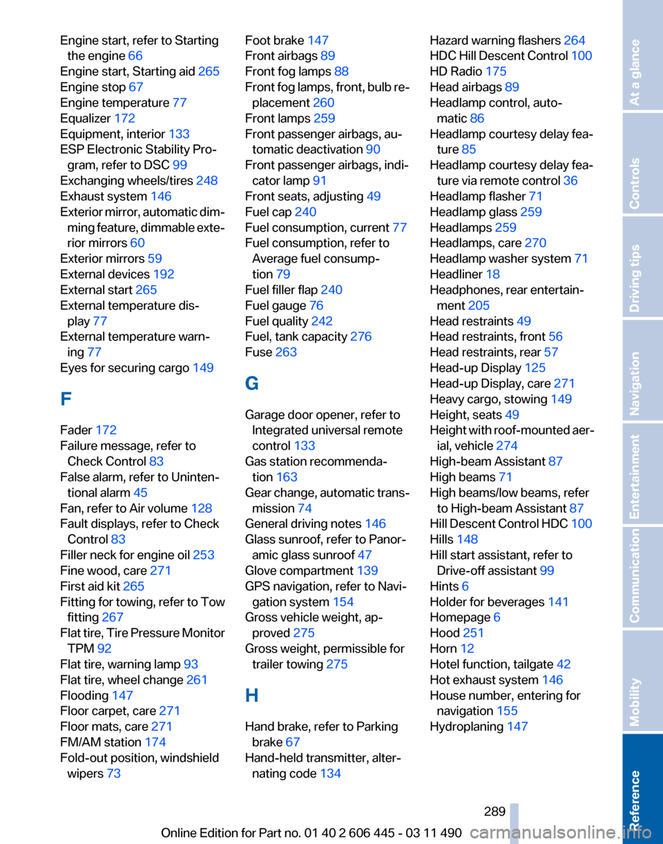 BMW 550I XDRIVE GT 2011 F07 Repair Manual Engine start, refer to Starting
the engine 66 
Engine start, Starting aid  265 
Engine stop  67 
Engine temperature  77 
Equalizer 172 
Equipment, interior  133 
ESP Electronic Stability Pro‐ gram, 