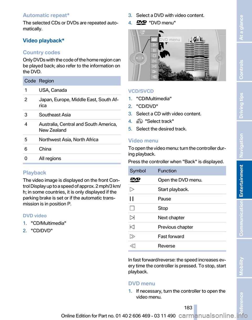 BMW 535I 2011 F10 Owners Manual Automatic repeat*
The selected CDs or DVDs are repeated auto‐
matically.
Video playback*
Country codes
Only 
DVDs with the code of the home region can
be played back; also refer to the information o