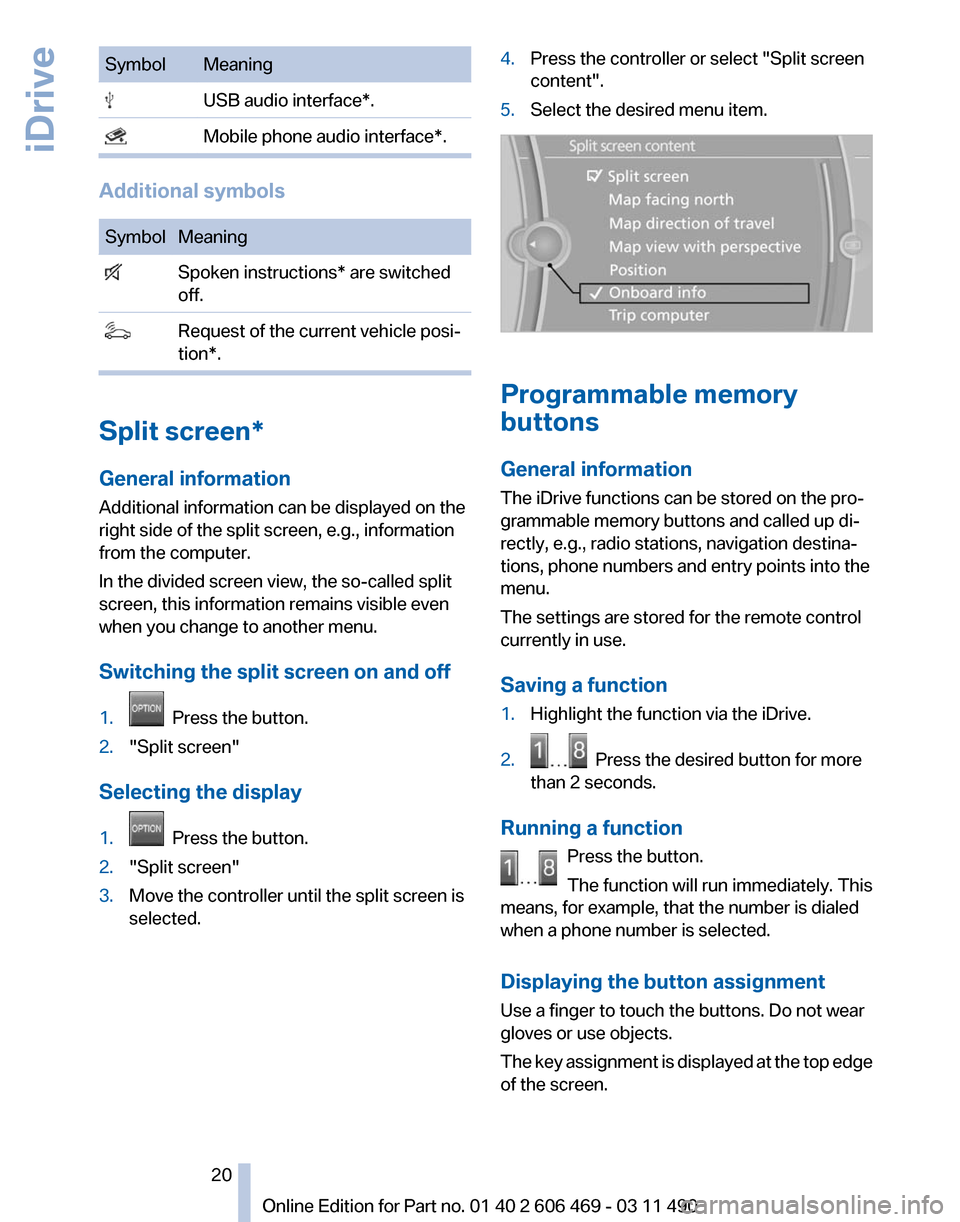 BMW 528I 2011 F10 Owners Manual Symbol Meaning
  USB audio interface*.
  Mobile phone audio interface*.
Additional symbols
Symbol Meaning
  Spoken instructions* are switched
off.   Request of the current vehicle posi‐
tion*. Split