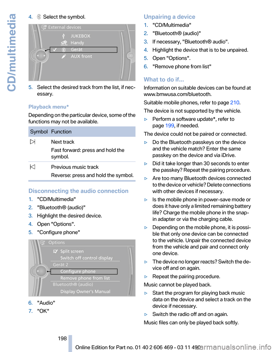 BMW 535I XDRIVE 2011 F10 Owners Manual 4.   Select the symbol.
5.
Select the desired track from the list, if nec‐
essary.
Playback menu*
Depending  on the particular device, some of the
functions may not be available. Symbol Function
  N