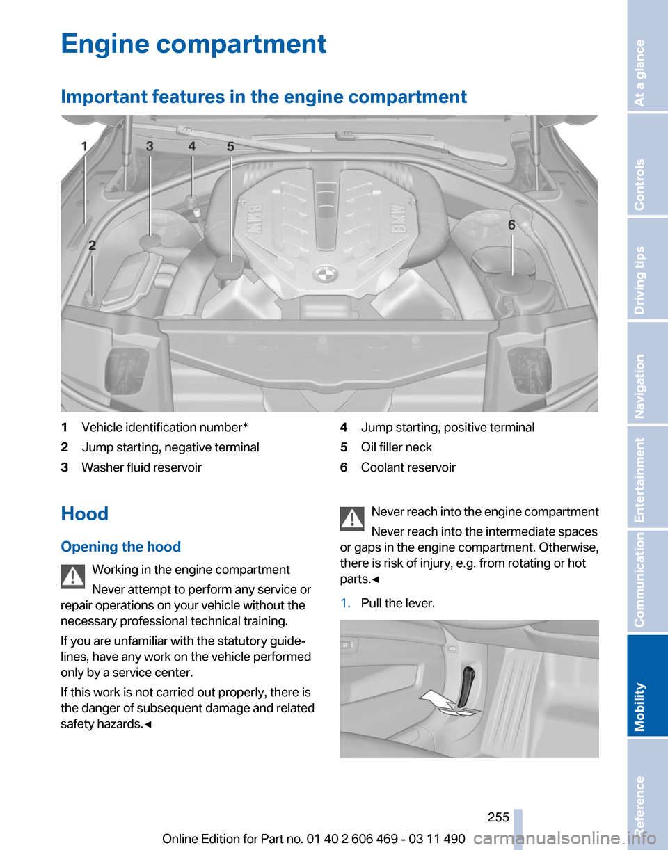 BMW 550I XDRIVE 2011 F10 Owners Manual Engine compartment
Important features in the engine compartment
1
Vehicle identification number*
2 Jump starting, negative terminal
3 Washer fluid reservoir 4
Jump starting, positive terminal
5 Oil fi BMW 550I XDRIVE 2011 F10 Owners Manual Engine compartment
Important features in the engine compartment
1
Vehicle identification number*
2 Jump starting, negative terminal
3 Washer fluid reservoir 4
Jump starting, positive terminal
5 Oil fi