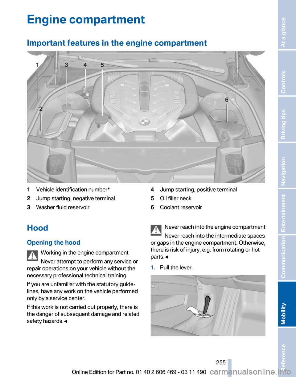 BMW 535I 2011 F10 Service Manual Engine compartment
Important features in the engine compartment
1
Vehicle identification number*
2 Jump starting, negative terminal
3 Washer fluid reservoir 4
Jump starting, positive terminal
5 Oil fi