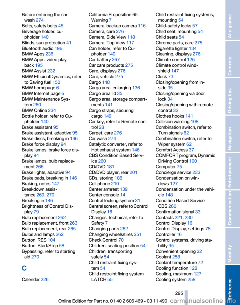 BMW 528I 2011 F10 Service Manual Before entering the car
wash 274 
Belts, safety belts  48 
Beverage holder, cu‐ pholder 140 
Blinds, sun protection 41 
Bluetooth audio 196 
BMW Apps  236 
BMW Apps, video play‐ back 195 
BMW Assi