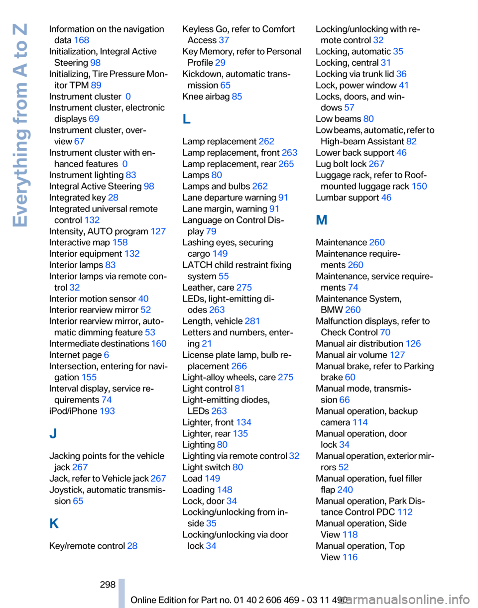 BMW 528I 2011 F10 Service Manual Information on the navigation
data  168 
Initialization, Integral Active Steering 98 
Initializing, 
Tire Pressure Mon‐
itor TPM 89 
Instrument cluster   0 
Instrument cluster, electronic displays  