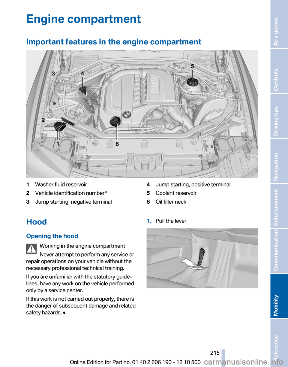 BMW X3 2011 F25 Owners Manual Engine compartment
Important features in the engine compartment1Washer fluid reservoir2Vehicle identification number*3Jump starting, negative terminal4Jump starting, positive terminal5Coolant reservoi