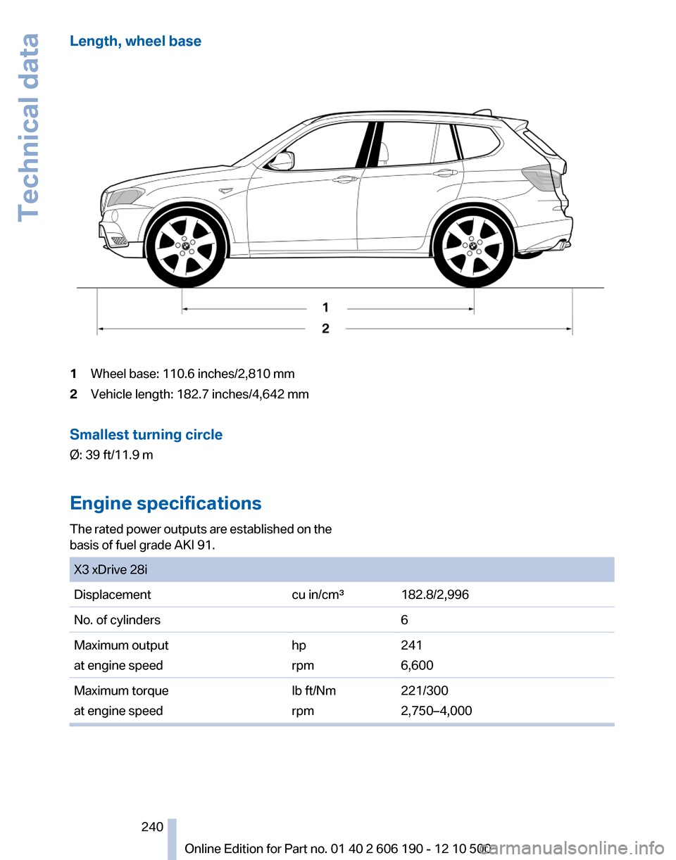 BMW X3 2011 F25 Owners Manual Length, wheel base1Wheel base: 110.6 inches/2,810 mm2Vehicle length: 182.7 inches/4,642 mmSmallest turning circle
Ø: 39 ft/11.9 m
Engine specifications
The rated power outputs are established on the
BMW X3 2011 F25 Owners Manual Length, wheel base1Wheel base: 110.6 inches/2,810 mm2Vehicle length: 182.7 inches/4,642 mmSmallest turning circle
Ø: 39 ft/11.9 m
Engine specifications
The rated power outputs are established on the