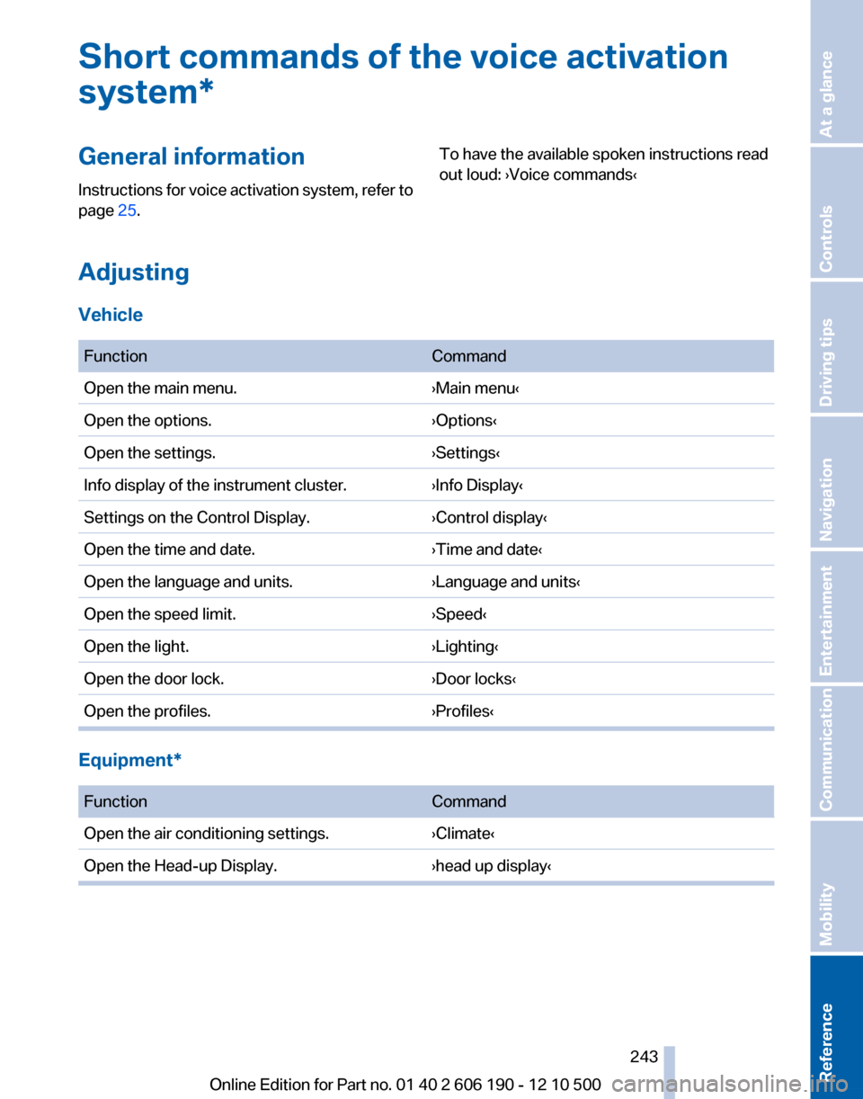 BMW X3 2011 F25 Owners Manual Short commands of the voice activation
system*General information
Instructions for voice activation system, refer to
page 25.To have the available spoken instructions read
out loud: ›Voice commands BMW X3 2011 F25 Owners Manual Short commands of the voice activation
system*General information
Instructions for voice activation system, refer to
page 25.To have the available spoken instructions read
out loud: ›Voice commands