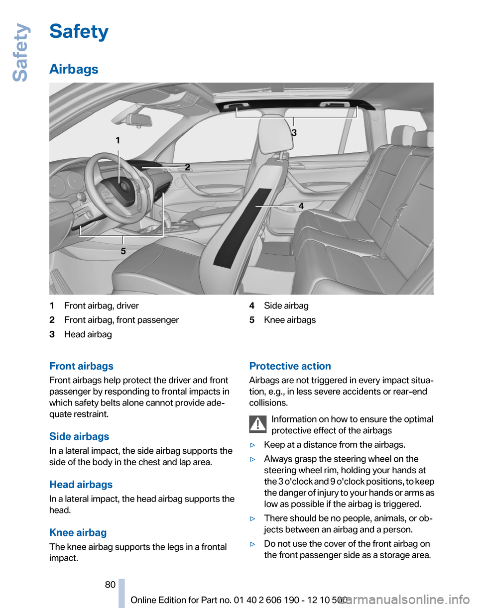 BMW X3 2011 F25 User Guide Safety
Airbags1Front airbag, driver2Front airbag, front passenger3Head airbag4Side airbag5Knee airbagsFront airbags
Front airbags help protect the driver and front
passenger by responding to frontal i