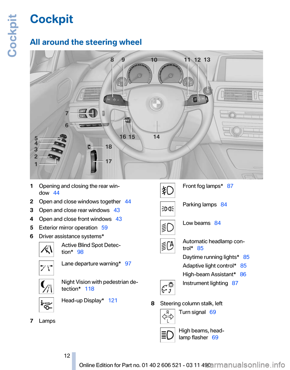 BMW 650I 2012 F12 User Guide Cockpit
All around the steering wheel
1
Opening and closing the rear win‐
dow 44
2 Open and close windows together 44
3 Open and close rear windows 43
4 Open and close front windows BMW 650I 2012 F12 User Guide Cockpit
All around the steering wheel
1
Opening and closing the rear win‐
dow 44
2 Open and close windows together 44
3 Open and close rear windows 43
4 Open and close front windows