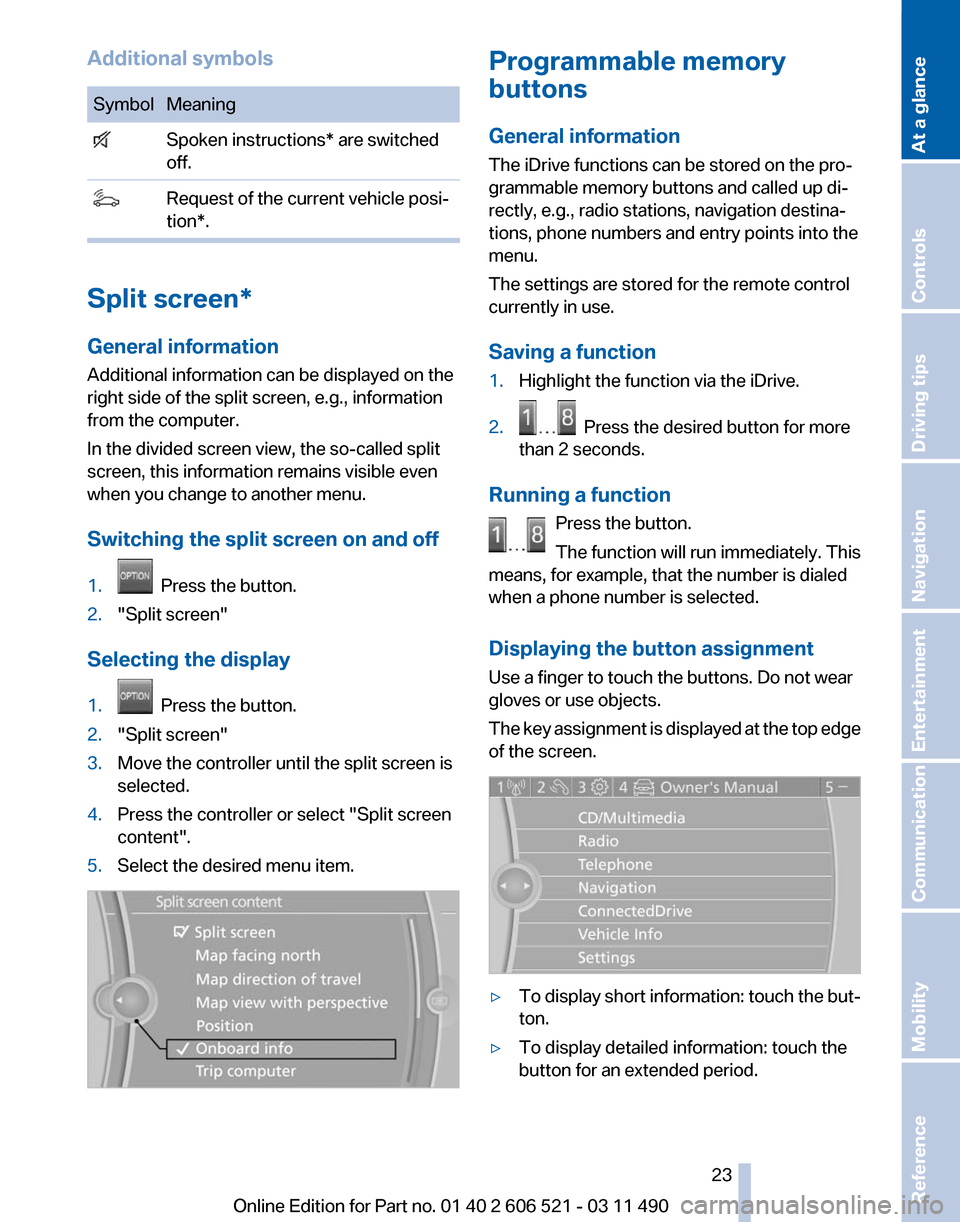BMW 650I 2012 F12 Owners Guide Additional symbols
Symbol Meaning
  Spoken instructions* are switched
off.   Request of the current vehicle posi‐
tion*. Split screen*
General information
Additional information can be displayed on 