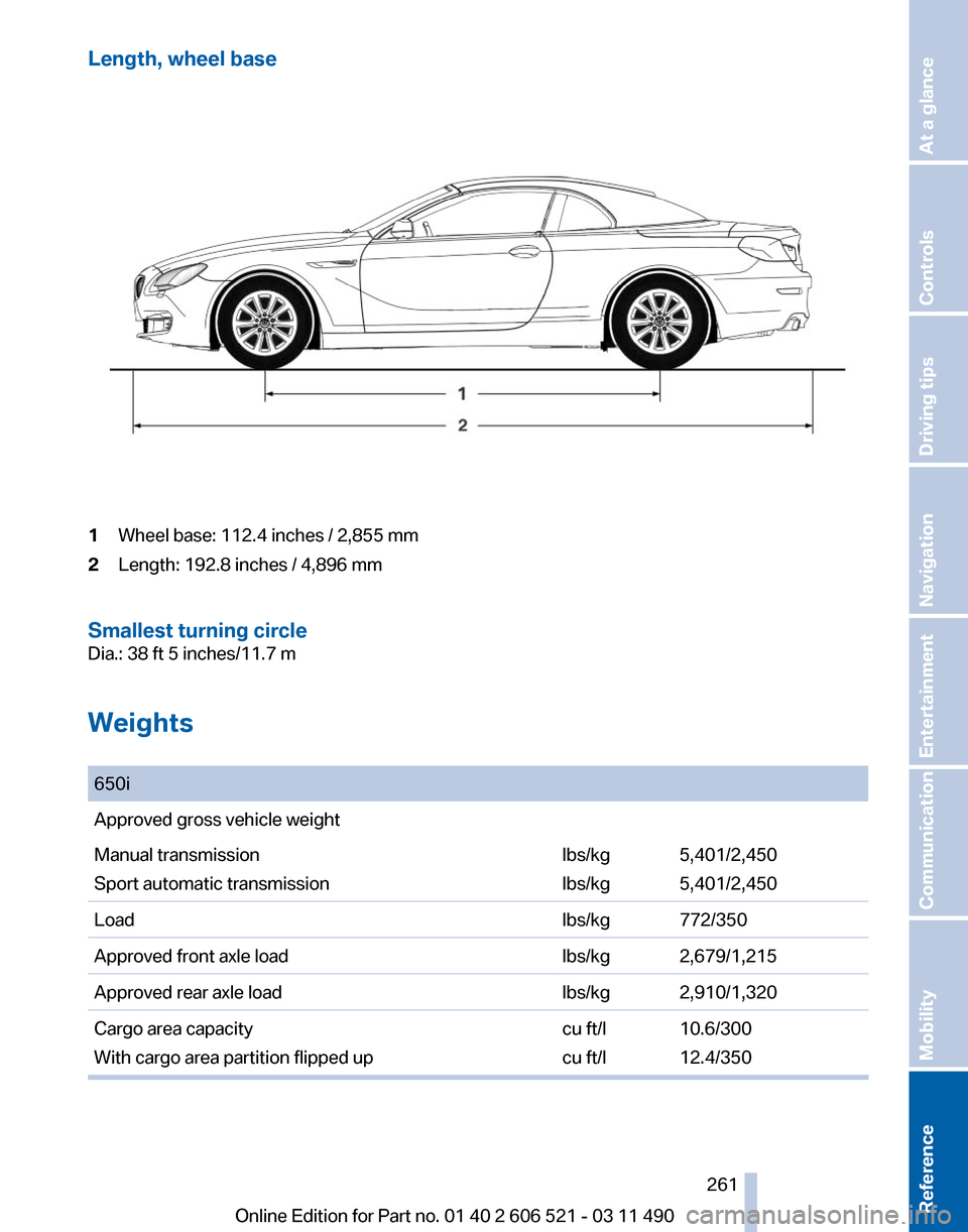 BMW 650I 2012 F12 Owners Manual Length, wheel base
1
Wheel base: 112.4 inches / 2,855 mm
2 Length: 192.8 inches / 4,896 mm
Smallest turning circle
Dia.: 38 ft 5 inches/11.7 m
Weights
  650i
Approved gross vehicle weight
Manual trans