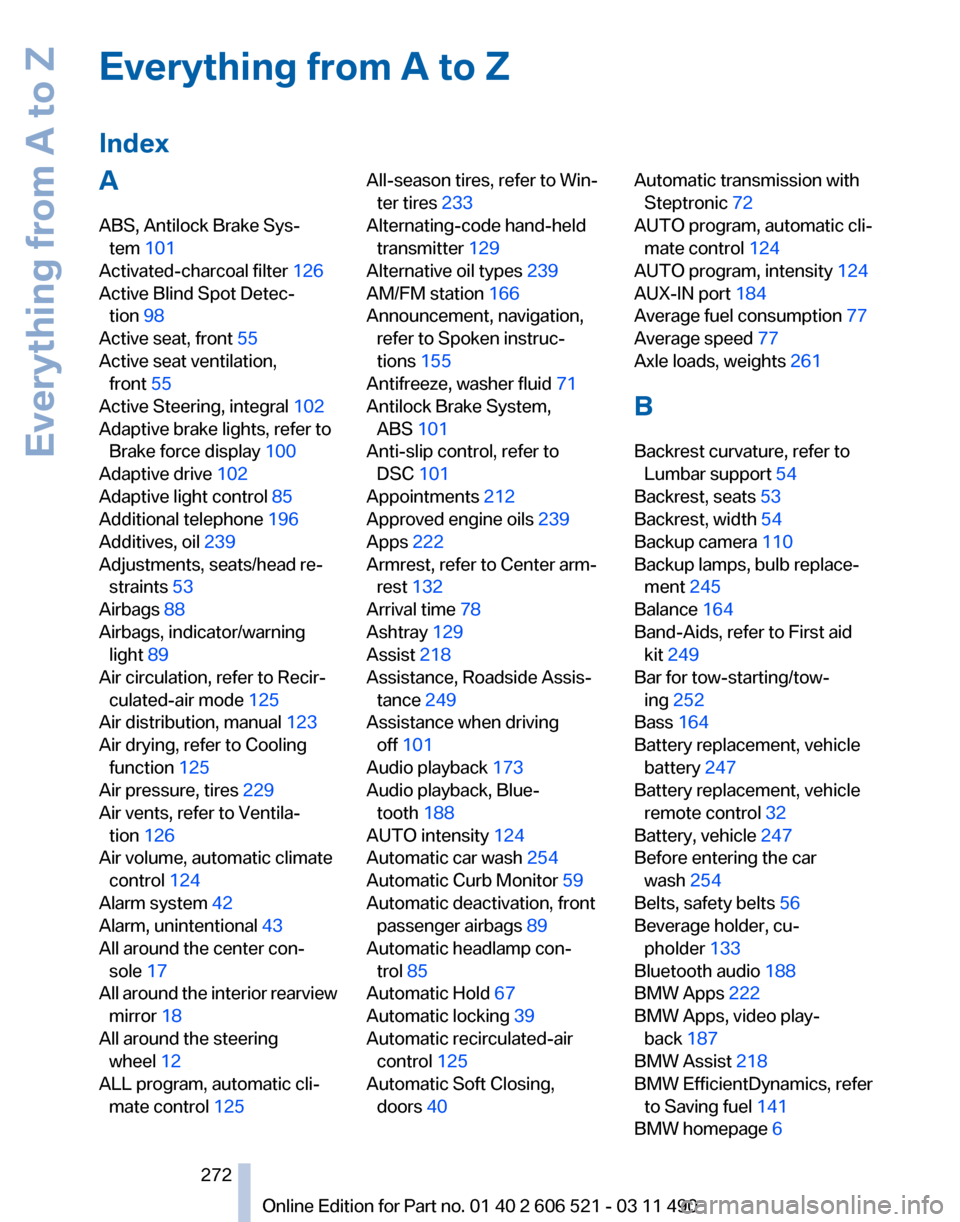 BMW 650I 2012 F12 Owners Manual Everything from A to Z
Index
A
ABS, Antilock Brake Sys‐
tem 101 
Activated-charcoal filter  126 
Active Blind Spot Detec‐ tion 98 
Active seat, front  55 
Active seat ventilation, front 55 
Active