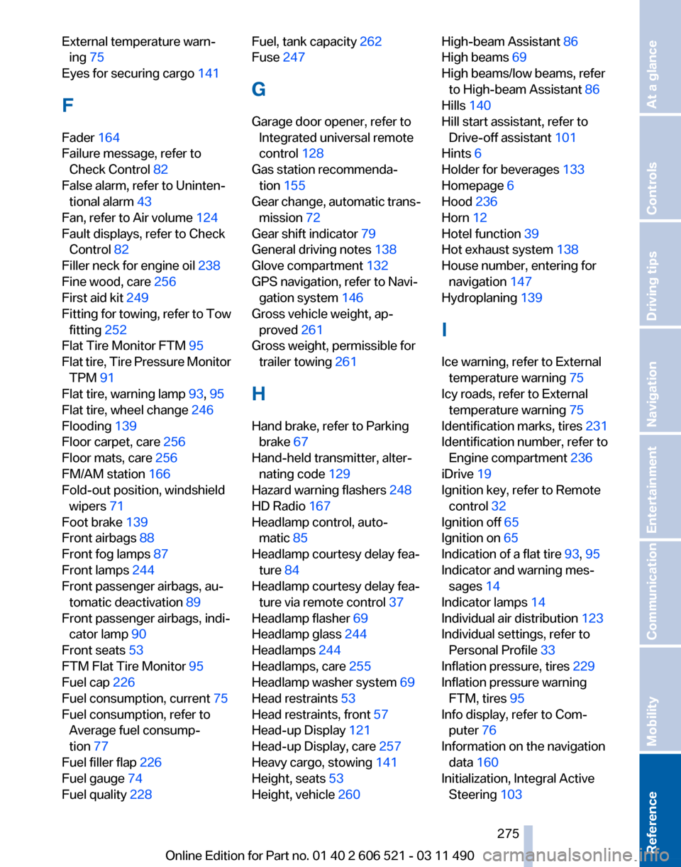 BMW 650I 2012 F12 Owners Guide External temperature warn‐
ing 75 
Eyes for securing cargo 141 
F
Fader 164 
Failure message, refer to Check Control 82 
False alarm, refer to Uninten‐ tional alarm  43 
Fan, refer to Air volume  