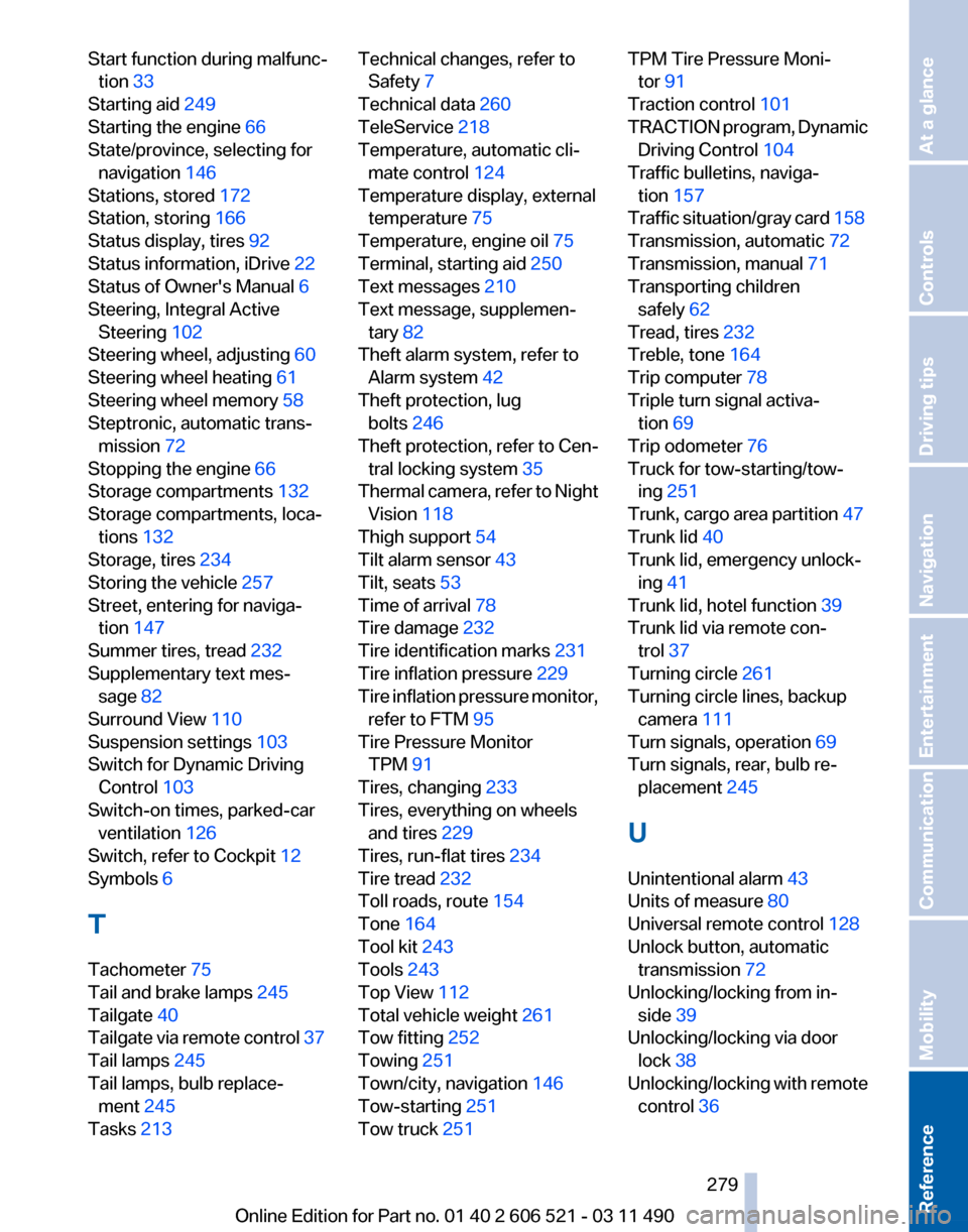 BMW 650I 2012 F12 Owners Manual Start function during malfunc‐
tion 33 
Starting aid  249 
Starting the engine  66 
State/province, selecting for navigation  146 
Stations, stored 172 
Station, storing  166 
Status display, tires 