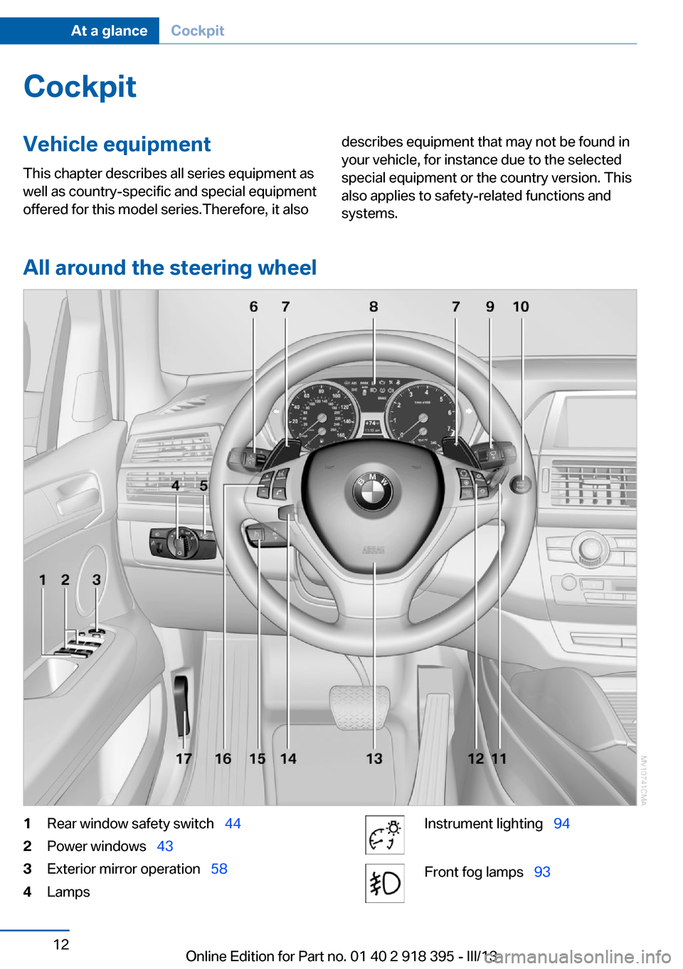 BMW X6 2013 E71 Owners Manual CockpitVehicle equipment
This chapter describes all series equipment as
well as country-specific and special equipment
offered for this model series.Therefore, it alsodescribes equipment that may not 