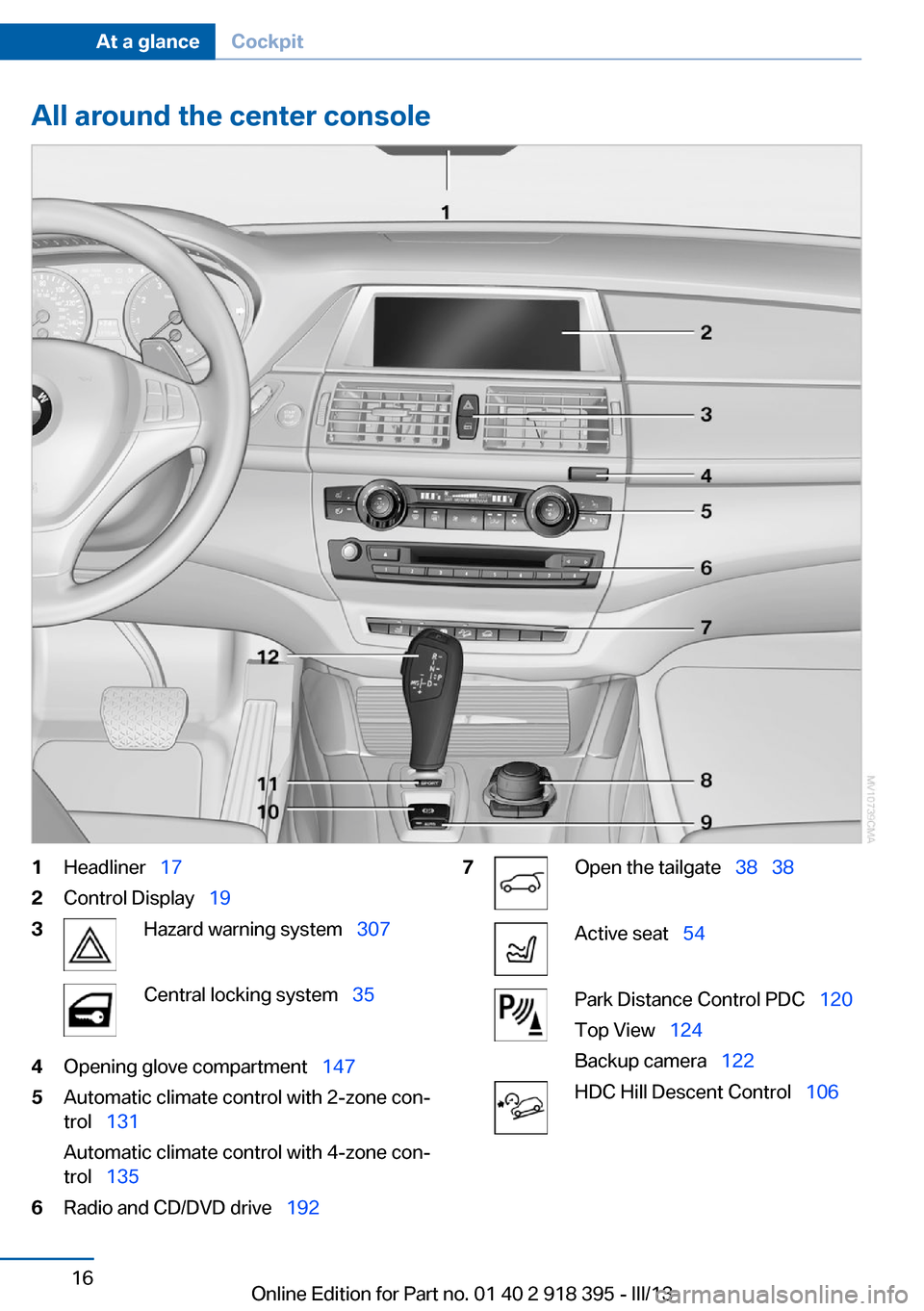 BMW X5 2013 E70 Owners Manual All around the center console1Headliner 172Control Display 193Hazard warning system 307Central locking system 354Opening glove compartment 1475Automatic climate control wit BMW X5 2013 E70 Owners Manual All around the center console1Headliner 172Control Display 193Hazard warning system 307Central locking system 354Opening glove compartment 1475Automatic climate control wit