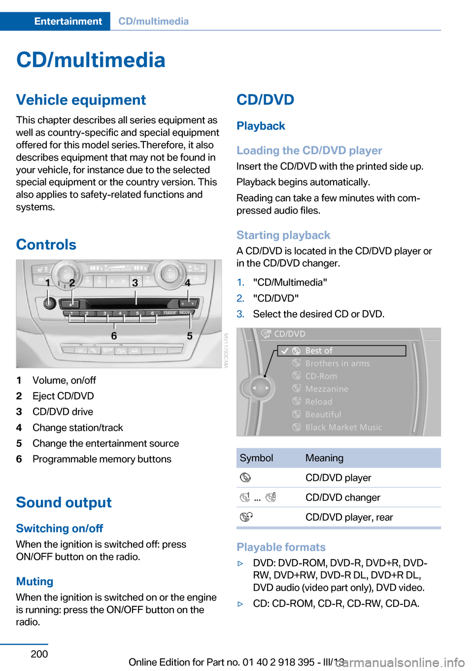 BMW X5 2013 E70 Owners Manual CD/multimediaVehicle equipmentThis chapter describes all series equipment as
well as country-specific and special equipment
offered for this model series.Therefore, it also
describes equipment that ma BMW X5 2013 E70 Owners Manual CD/multimediaVehicle equipmentThis chapter describes all series equipment as
well as country-specific and special equipment
offered for this model series.Therefore, it also
describes equipment that ma