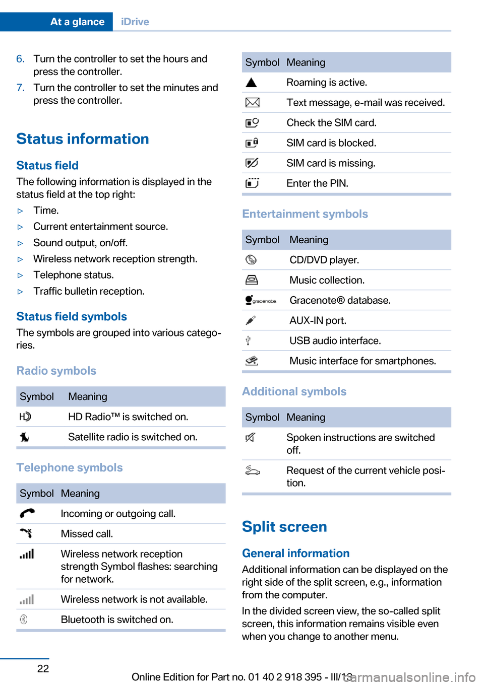 BMW X5 2013 E70 Owners Manual 6.Turn the controller to set the hours and
press the controller.7.Turn the controller to set the minutes and
press the controller.
Status information
Status field The following information is displaye BMW X5 2013 E70 Owners Manual 6.Turn the controller to set the hours and
press the controller.7.Turn the controller to set the minutes and
press the controller.
Status information
Status field The following information is displaye