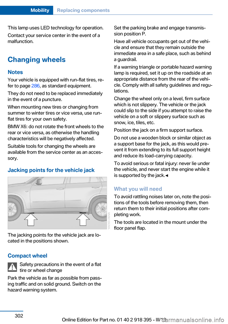 BMW X5 2013 E70 Owners Manual This lamp uses LED technology for operation.
Contact your service center in the event of a
malfunction.
Changing wheels
Notes Your vehicle is equipped with run-flat tires, re‐
fer to page  286, as s