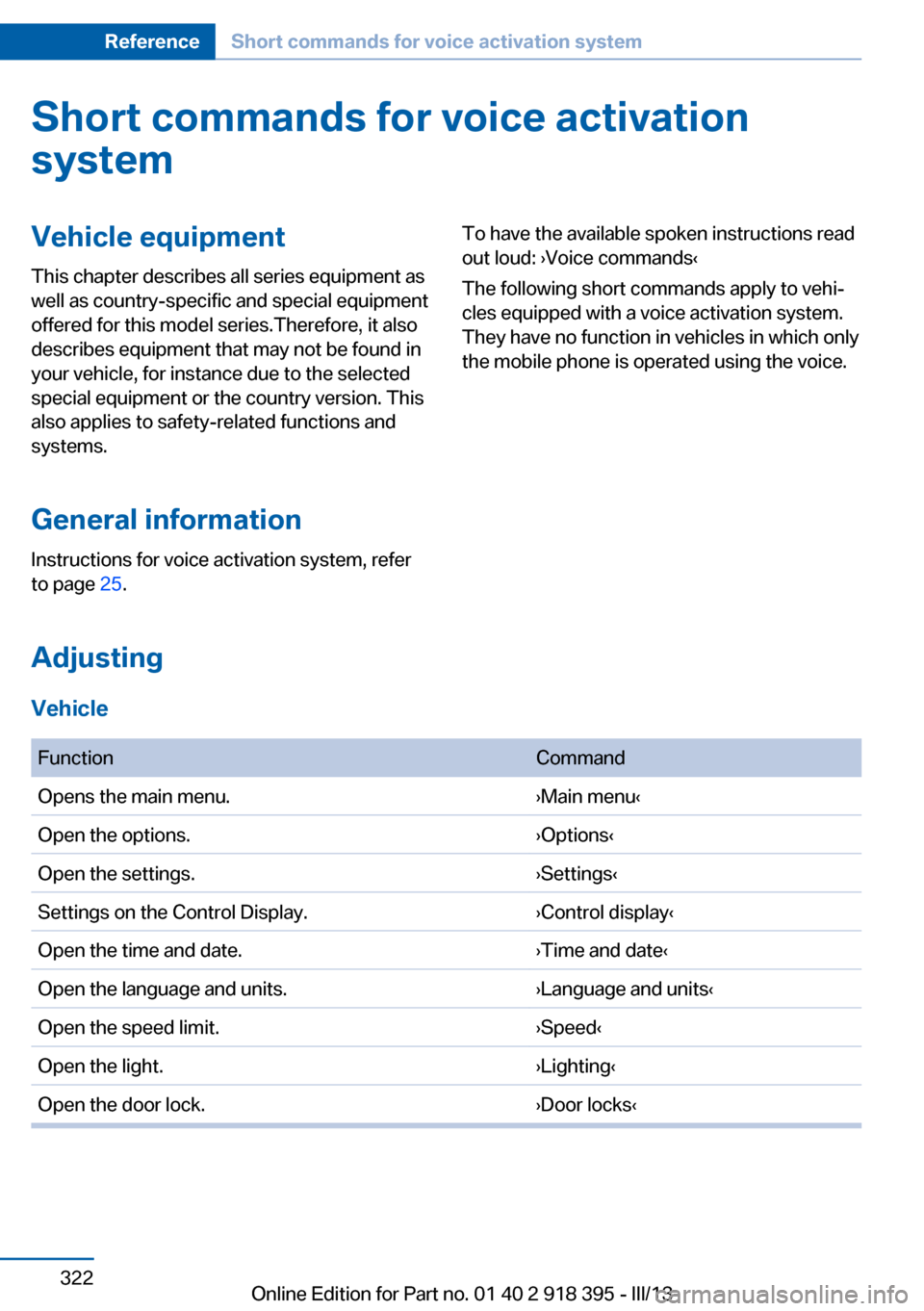 BMW X5 2013 E70 Owners Manual Short commands for voice activationsystemVehicle equipment
This chapter describes all series equipment as
well as country-specific and special equipment
offered for this model series.Therefore, it als BMW X5 2013 E70 Owners Manual Short commands for voice activationsystemVehicle equipment
This chapter describes all series equipment as
well as country-specific and special equipment
offered for this model series.Therefore, it als