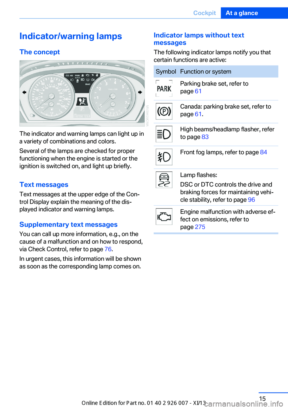 BMW X6 2013 E71 User Guide Indicator/warning lampsThe concept
The indicator and warning lamps can light up in
a variety of combinations and colors.
Several of the lamps are checked for proper
functioning when the engine is star