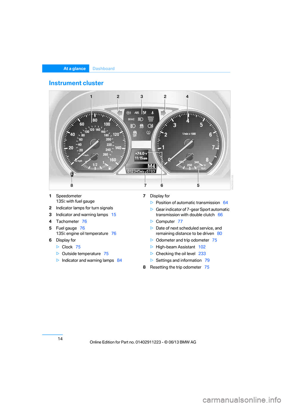 BMW 1 SERIES 2013 E82 Owners Manual 14
At a glanceDashboard
Instrument cluster
1Speedometer
135i: with fuel gauge
2 Indicator lamps for turn signals
3 Indicator and warning lamps 15
4 Tachometer 76
5 Fuel gauge 76
135i: engine oil tempe BMW 1 SERIES 2013 E82 Owners Manual 14
At a glanceDashboard
Instrument cluster
1Speedometer
135i: with fuel gauge
2 Indicator lamps for turn signals
3 Indicator and warning lamps 15
4 Tachometer 76
5 Fuel gauge 76
135i: engine oil tempe