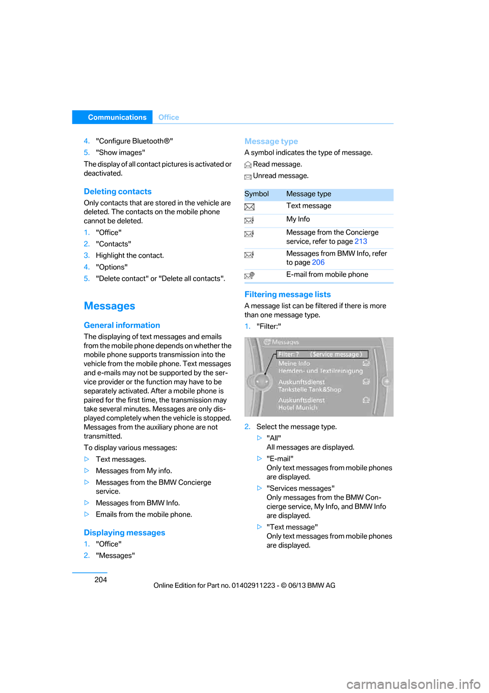 BMW 1 SERIES 2013 E82 Owners Manual 204
CommunicationsOffice
4."Configure Bluetooth®"
5. "Show images"
The display of all contact  pictures is activated or 
deactivated.
Deleting contacts
Only contacts that are stored in the vehicle ar