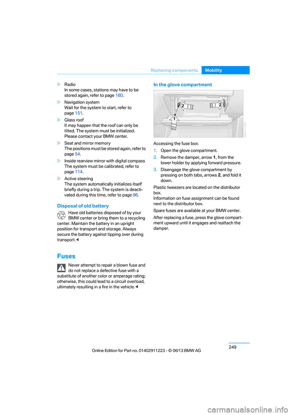 BMW 1 SERIES 2013 E82 Owners Guide 249
Replacing components
Mobility
>
Radio 
In some cases, statio ns may have to be 
stored again, refer to page 160.
> Navigation system 
Wait for the system to start, refer to 
page 151.
> Glass roof