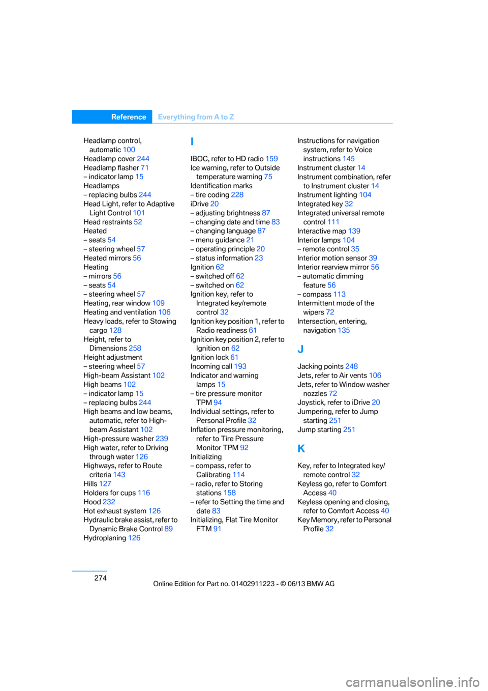 BMW 1 SERIES 2013 E82 User Guide 274
ReferenceEverything from A to Z
Headlamp control,
automatic 100
Headlamp cover 244
Headlamp flasher 71
– indicator lamp 15
Headlamps
– replacing bulbs 244
Head Light, refer to Adaptive
Light BMW 1 SERIES 2013 E82 User Guide 274
ReferenceEverything from A to Z
Headlamp control,
automatic 100
Headlamp cover 244
Headlamp flasher 71
– indicator lamp 15
Headlamps
– replacing bulbs 244
Head Light, refer to Adaptive
Light