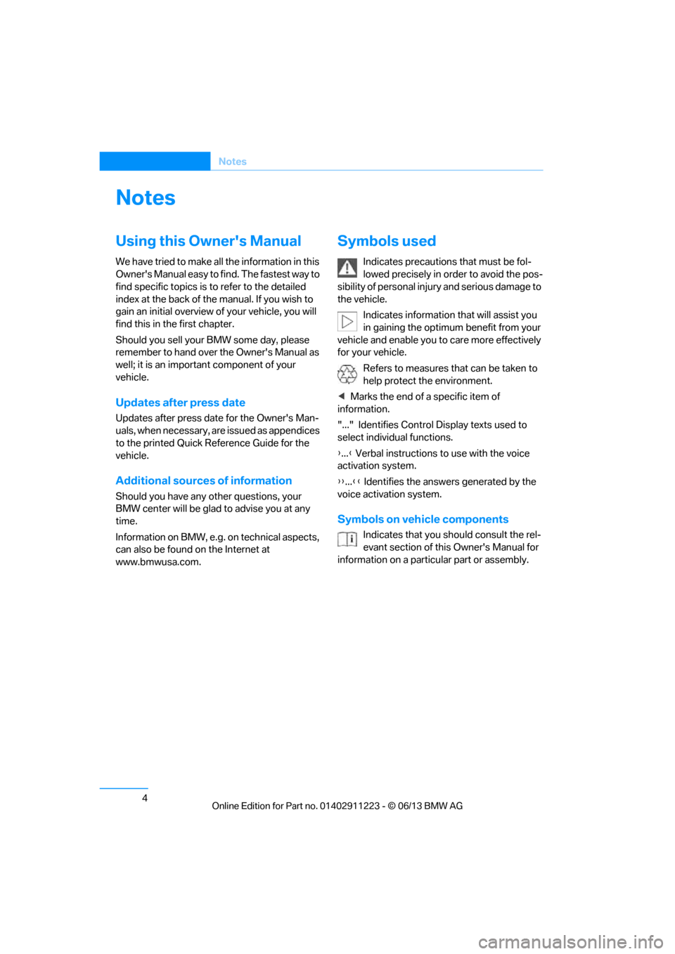 BMW 1 SERIES 2013 E82 Owners Manual 4
Notes
Notes
Using this Owners Manual
We have tried to make all the information in this 
Owners Manual easy to find. The fastest way to 
find specific topics is to refer to the detailed 
index at t