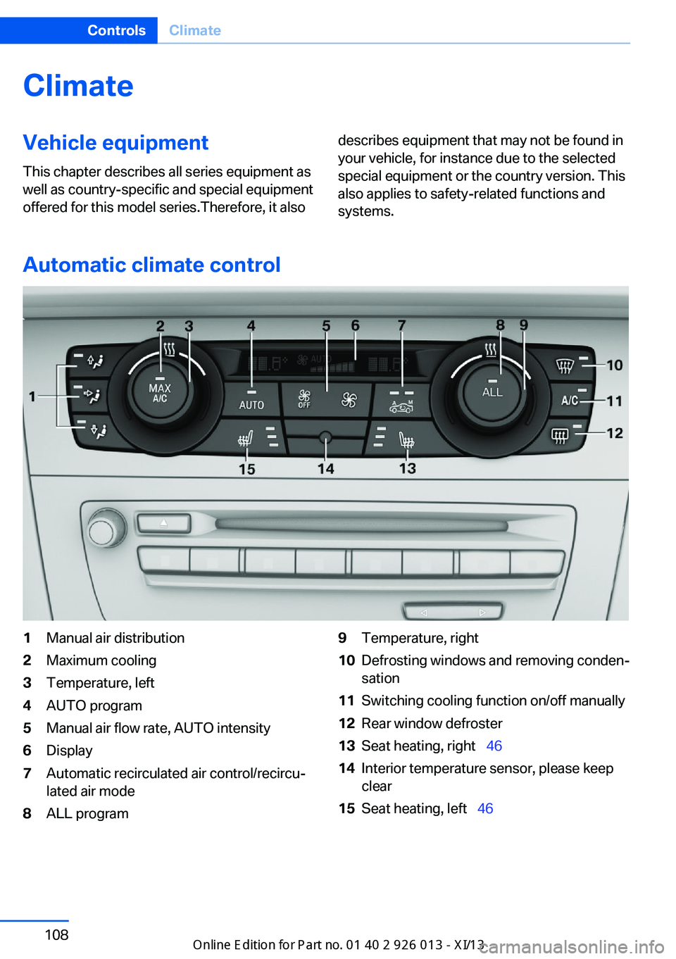 BMW X1 2013 E84 Owners Manual ClimateVehicle equipmentThis chapter describes all series equipment as
well as country-specific and special equipment
offered for this model series.Therefore, it alsodescribes equipment that may not b