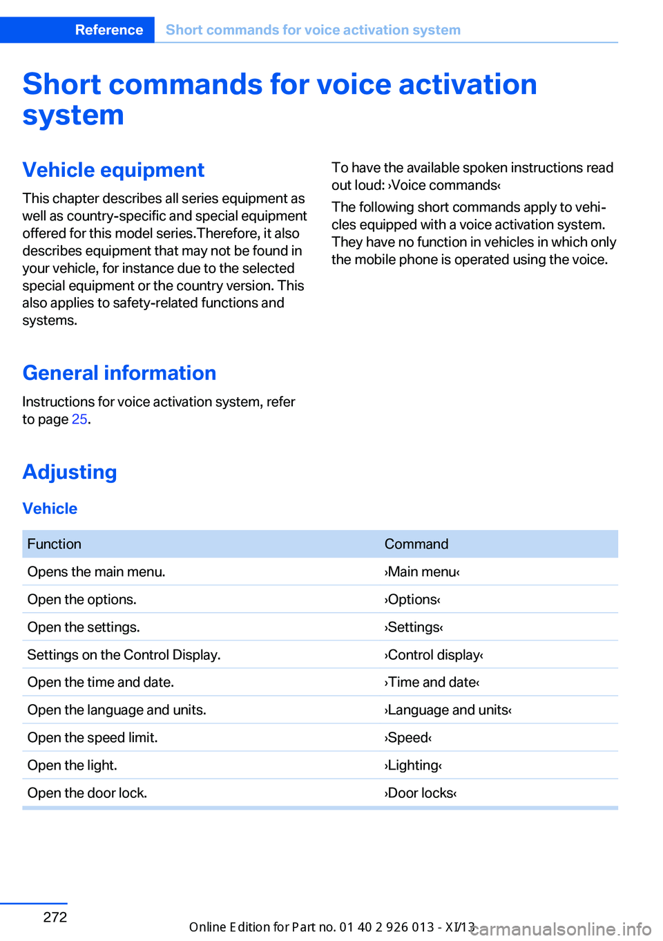 BMW X1 2013 E84 Owners Manual Short commands for voice activationsystemVehicle equipment
This chapter describes all series equipment as
well as country-specific and special equipment
offered for this model series.Therefore, it als BMW X1 2013 E84 Owners Manual Short commands for voice activationsystemVehicle equipment
This chapter describes all series equipment as
well as country-specific and special equipment
offered for this model series.Therefore, it als