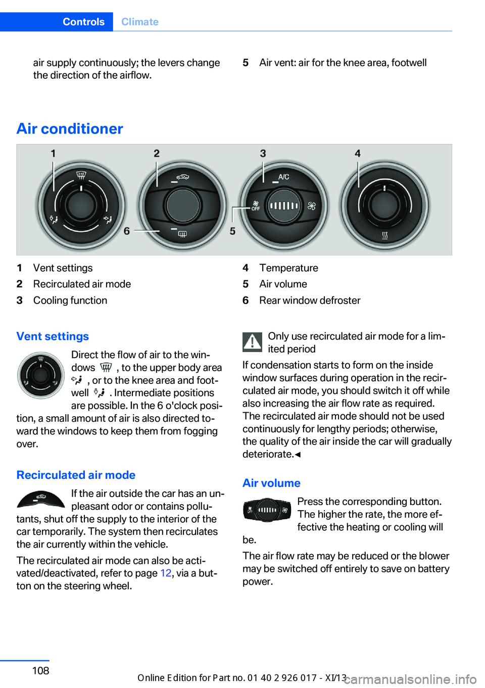 BMW Z4 2013 E89 Owners Manual air supply continuously; the levers change
the direction of the airflow.5Air vent: air for the knee area, footwell
Air conditioner
1Vent settings2Recirculated air mode3Cooling function4Temperature5Air