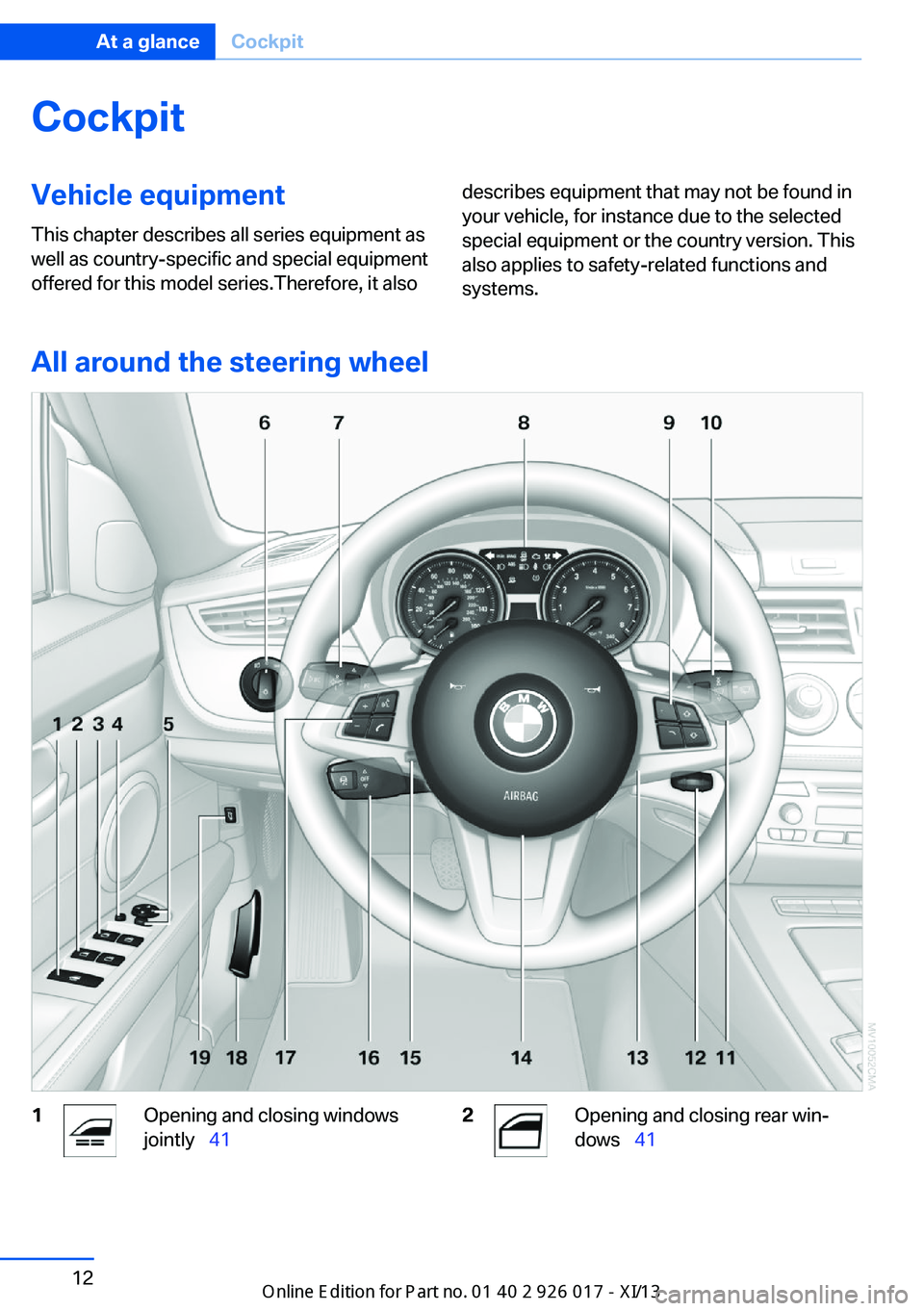BMW Z4 2013 E89 User Guide CockpitVehicle equipment
This chapter describes all series equipment as
well as country-specific and special equipment
offered for this model series.Therefore, it alsodescribes equipment that may not BMW Z4 2013 E89 User Guide CockpitVehicle equipment
This chapter describes all series equipment as
well as country-specific and special equipment
offered for this model series.Therefore, it alsodescribes equipment that may not