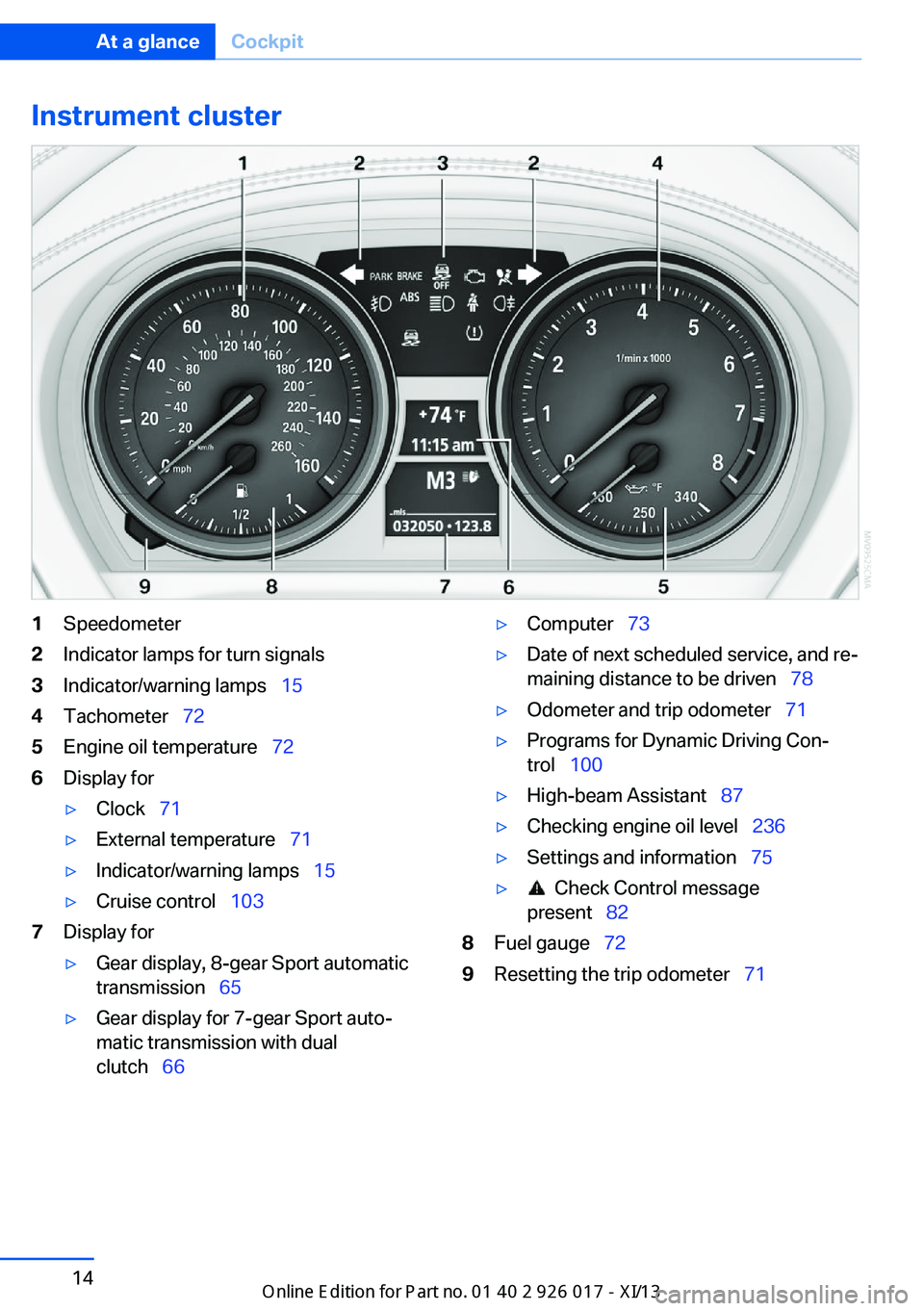 BMW Z4 2013 E89 Owners Manual Instrument cluster1Speedometer2Indicator lamps for turn signals3Indicator/warning lamps  154Tachometer  725Engine oil temperature   726Display for▷Clock  71▷External temperature 