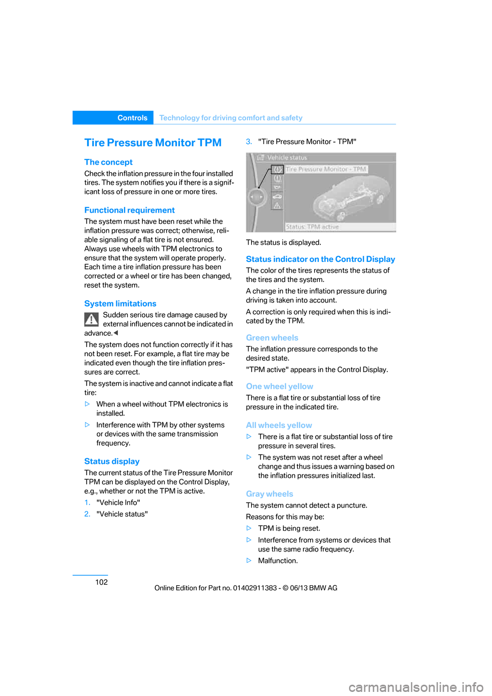 BMW 3 SERIES CONVERTIBLE 2013 E93 Owners Guide 102
ControlsTechnology for driving comfort and safety
Tire Pressure Monitor TPM
The concept
Check the inflation pressure  in the four installed 
tires. The system notifies you if there is a signif-
ic