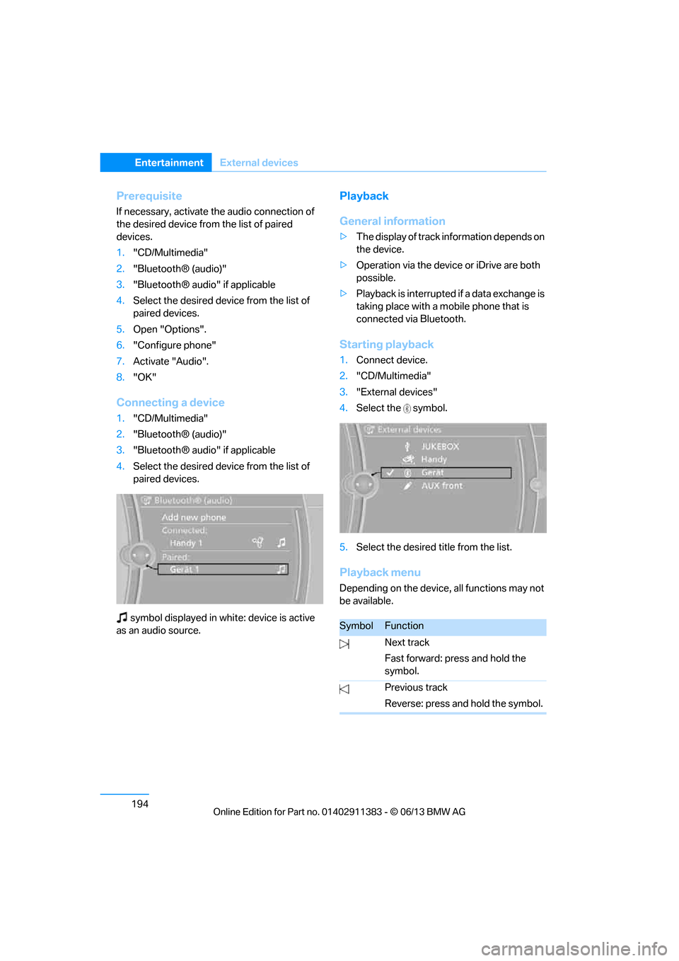 BMW 3 SERIES CONVERTIBLE 2013 E93 Owners Manual 194
EntertainmentExternal devices
Prerequisite
If necessary, activate the audio connection of 
the desired device from the list of paired 
devices.
1."CD/Multimedia"
2. "Bluetooth® (audio)"
3. "Bluet